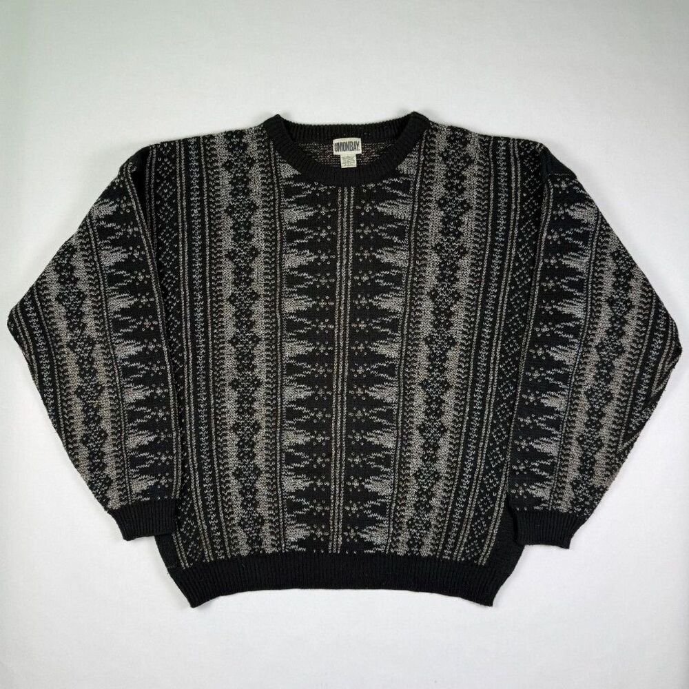 Vintage Unionbay Textured Knit Sweater Gray Black Vertical Pattern Large